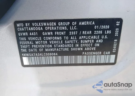 2020 Volkswagen Passat 2.0T Se z USA, uszkodzony, nr VIN 1VWSA7A34LC009064